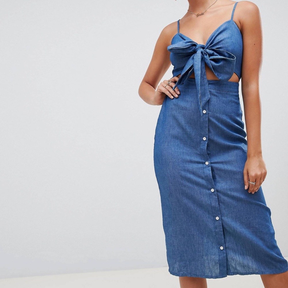 Missguided Denim Tie Front Button Down Midi Dress